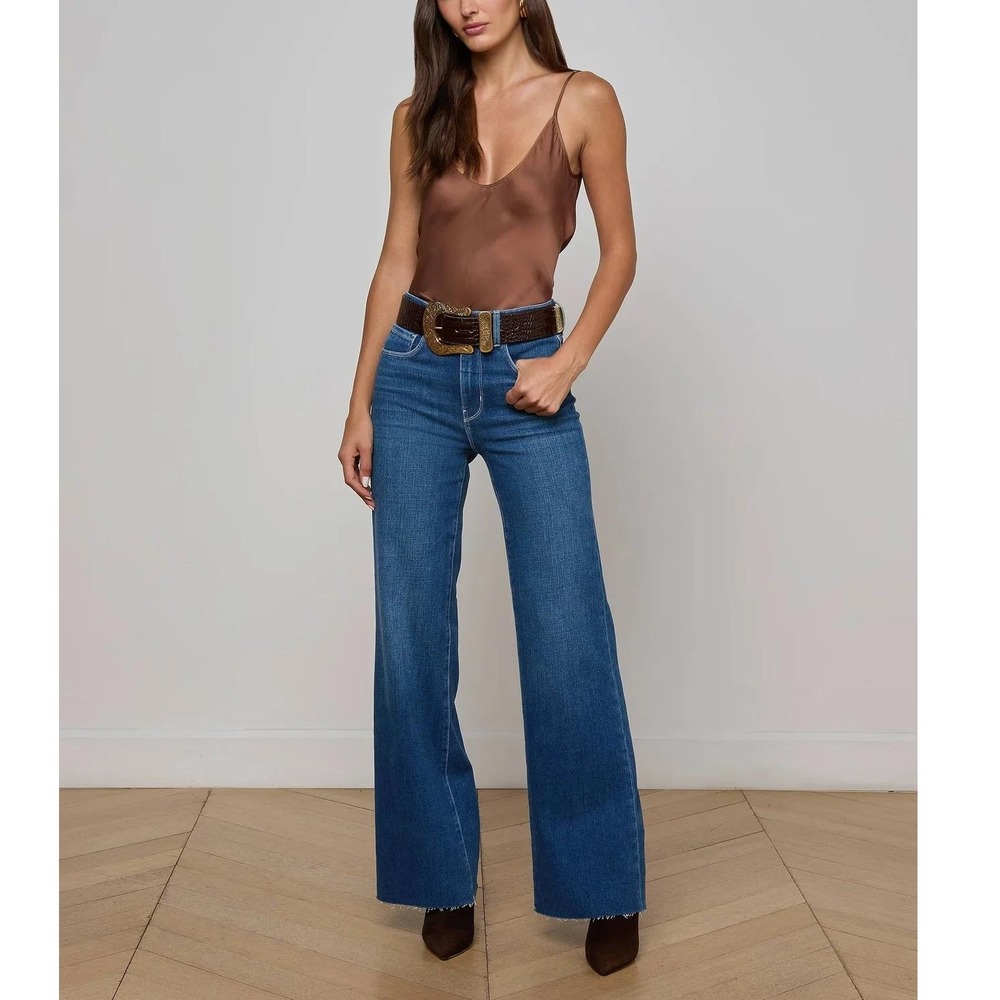 L'agence Gwenna Wide Leg Jeans US 26 Gage Raw Hem High Rise Blue Denim Boho